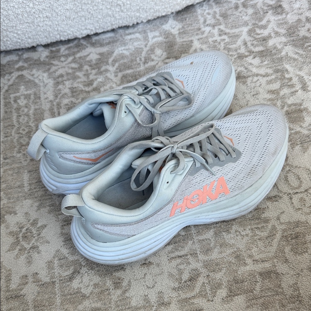 Hoka Women's Light Gray and Coral Athletic Shoes
